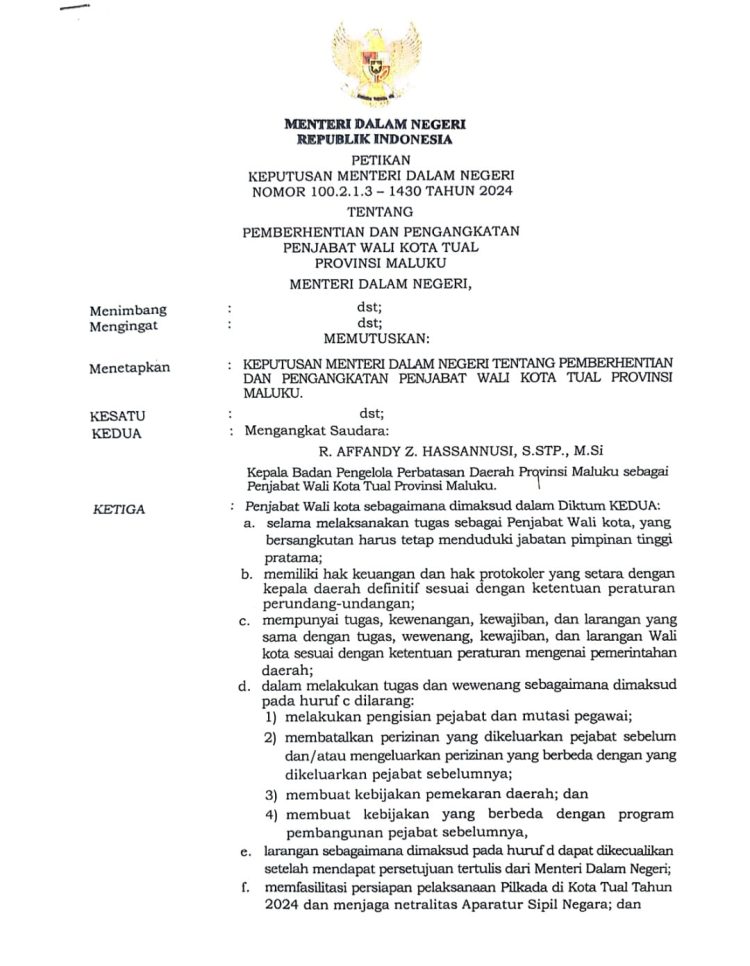 Maju Calkada, Mendagri Berhentikan Renuat Dari Jabatan Pj Wali Kota Tual
