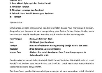 Malam Ini, Umat Katolik Keuskupan Amboina Gelar Doa Untuk Kesembuhan Paus Fransiskus