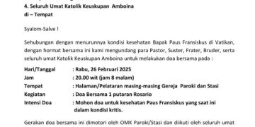 Malam Ini, Umat Katolik Keuskupan Amboina Gelar Doa Untuk Kesembuhan Paus Fransiskus