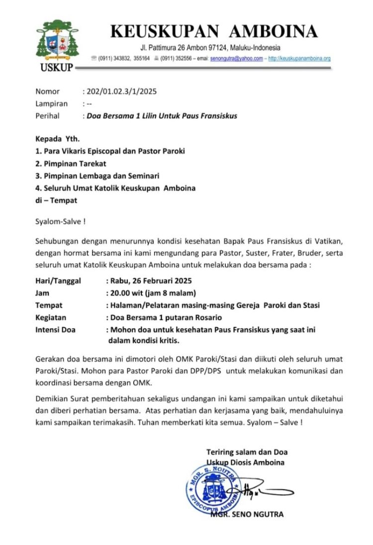 Malam Ini, Umat Katolik Keuskupan Amboina Gelar Doa Untuk Kesembuhan Paus Fransiskus